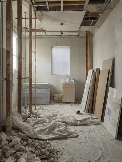 Staged mid-renovation bathroom showing phased work areas and materials arranged left to right to illustrate a detailed project timeline; no people.