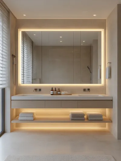 Elegant bathroom with oversized frameless mirror, warm backlit LEDs, vertical sconces and floating vanity creating a sense of expanded space
