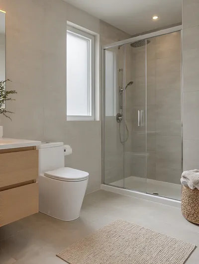 Modern bathroom portrait showing a water-efficient toilet and glass shower with a low-flow showerhead