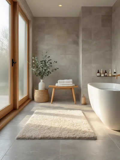 Vertical photo of a modern bathroom interior with warm-toned large-format tile floor, steam hinting at radiant heated floors, wooden stool and folded towels, soft morning light