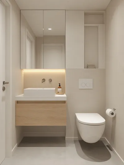 Small bathroom with corner sink, wall-hung toilet, floating shelf and LED lighting