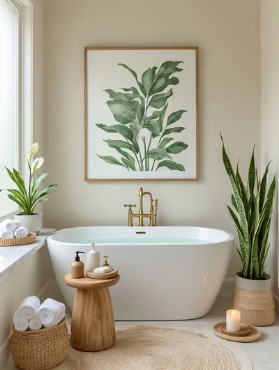 Vertical photo of a personalized bathroom with framed botanical artwork above a freestanding tub, potted plants, brass fixtures, woven basket of towels and curated accessories.