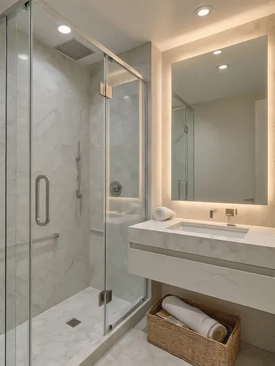 Vertical photo of a modern bathroom highlighting essential upgrades—walk-in shower with grab bar, ventilation grille, recessed LED lights, practical vanity; luxury items wrapped and set aside.