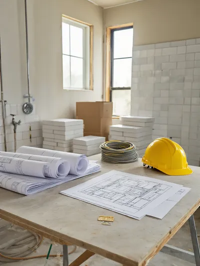 Vertical photo of a renovation workbench with blueprints and an embossed permit sheet in a partially renovated bathroom, soft daylight and warm work light, no people.