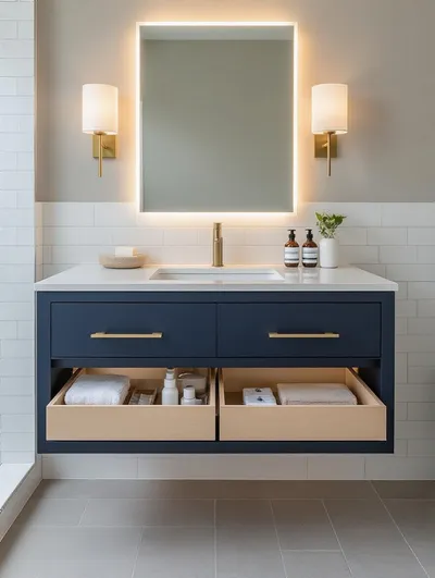 Portrait photo of a modern floating bathroom vanity with organized drawers and ample quartz countertop