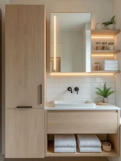Tall light-oak linen cabinet and floating shelves in a modern bathroom, showing vertical storage and decluttered vanity