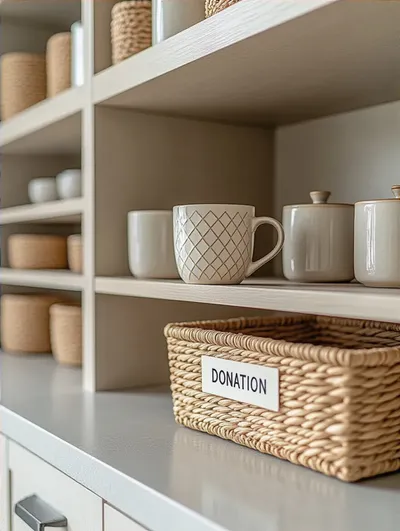Neatly organized kitchen cabinet interior showing a new ceramic mug being placed and an old mug being prepared for donation, illustrating the 'one in, one out' decluttering rule.
