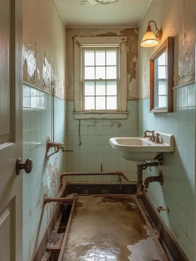 Portrait view of a vintage bathroom under assessment showing structural and plumbing details.