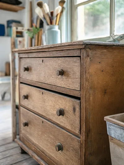 Image of a vintage wooden dresser being assessed for upcycling, showing its solid structure and minor imperfections in soft natural light, perfect for a teen bedroom makeover.