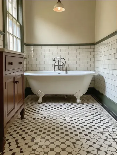 Portrait view of a vintage bathroom interior with hexagon tile floor and subway walls