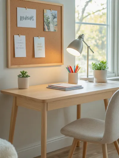 A well-organized and durable light-colored wooden desk setup for a teen girl's bedroom, featuring a task lamp, notebooks, and a plant, promoting study and creativity.