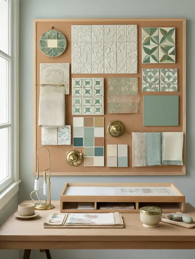 Portrait of a curated mood board for a cohesive vintage bathroom aesthetic