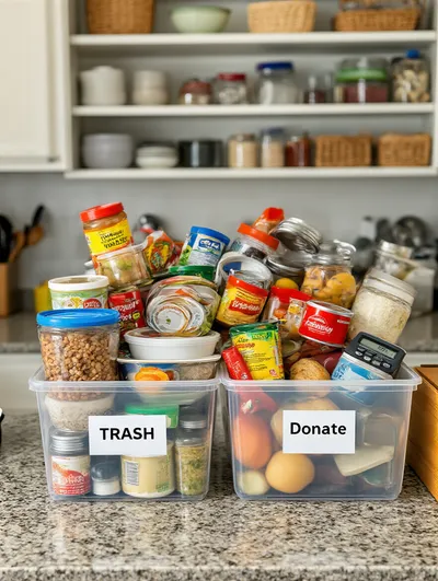 Image showing various kitchen items on a counter grouped into piles for trash and donation, with an empty pantry shelf in the background, illustrating kitchen decluttering.