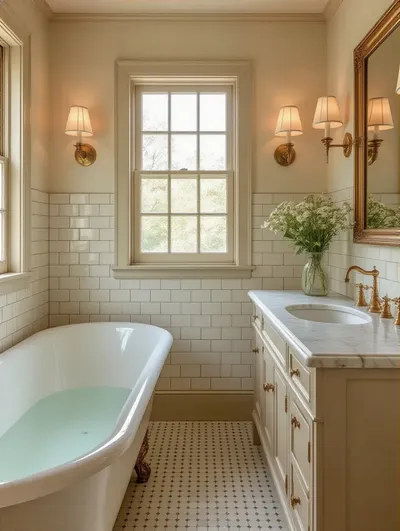 Portrait-style view of a vintage bathroom corner with era-defining tile and brass fixtures