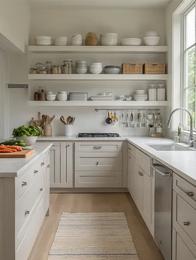 A modern, bright kitchen organized into distinct zones for prep, cook, store, and wash, showing efficient layout.