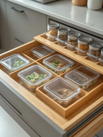 A pristine, open kitchen drawer with matching transparent food storage containers and bamboo dividers, illustrating a cohesive kitchen organization budget and style.