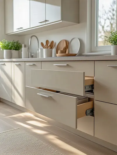 Close-up of a modern kitchen base cabinet with a partially open toe-kick drawer, revealing smart hidden storage for kitchen essentials, demonstrating effective space utilization.