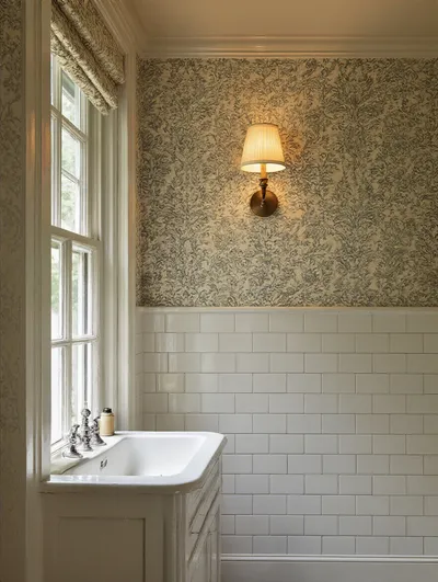 Portrait of vintage bathroom wall treatments with subway tile, beadboard, and wallpaper