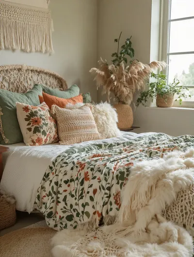 A cozy teen girl's bedroom with a 'Boho Garden' theme, featuring various macrame, botanical, and faux sheepskin throw pillows and a draped blanket on the bed, under soft natural light.