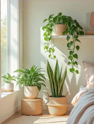 A beautifully decorated teen bedroom featuring various low-maintenance indoor plants like a trailing Pothos on a shelf and a tall Snake Plant in a corner. The room is bright with natural light, decorated with modern furniture and pastel accents, creating a calm, green oasis.