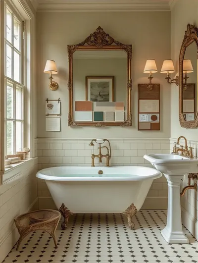 Portrait of a vintage bathroom planning scene with mood board and period details