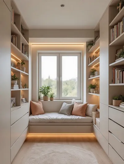Teen girl's bedroom with floor-to-ceiling vertical shelving and built-ins, showcasing organized books, decor, and hidden storage around a bright window, emphasizing space-saving design.