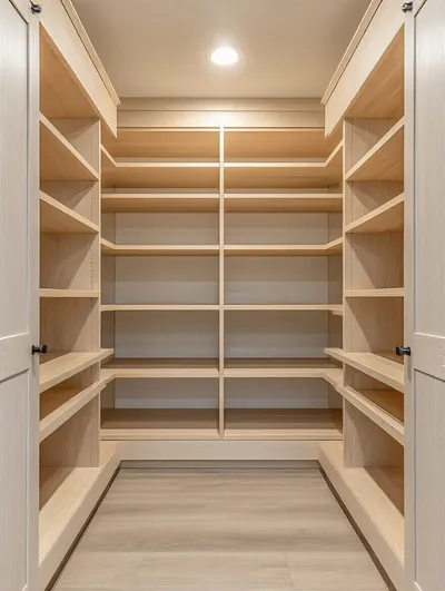 An open, empty kitchen cabinet interior bathed in soft light, highlighting its potential for optimal kitchen storage and organization.