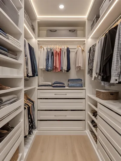 A beautifully organized custom closet for a teen girl, featuring various storage components like adjustable shelving, pull-out drawers, and tiered hanging rods, illuminated by LED lights, showcasing effective decluttering.