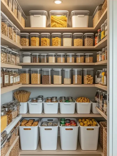 A perfectly organized pantry featuring white stackable bins, various clear airtight containers filled with dry goods, and caddies neatly storing spices and sauces on wooden shelves, all sparkling clean under warm natural light, demonstrating efficient pantry organization.