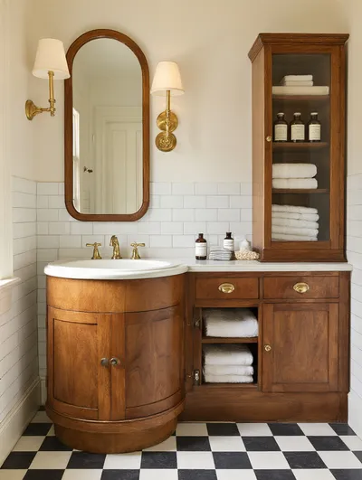 Vintage bathroom with retro storage cabinets and open shelving