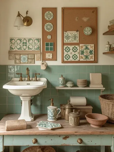 Portrait of a vintage bathroom materials workspace with authentic finishes and fixtures