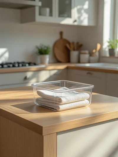 A minimalist kitchen counter with a clear, small bin ready for donation items, symbolizing a quick 15-minute kitchen declutter. A clean organized kitchen with light wood accents.