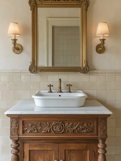 Portrait view of a historically accurate vanity or console sink in a vintage bathroom