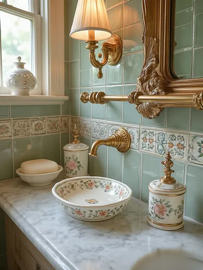 Vintage bathroom accessories: towel rack, soap dish, and robe hooks in a period-accurate setting