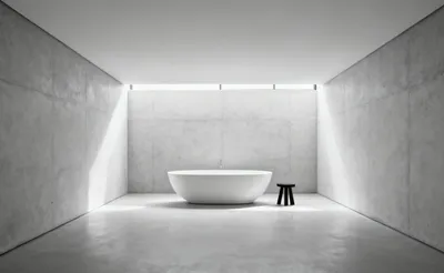 A minimalist bathroom with a pristine white freestanding bathtub against a vast, light concrete wall, emphasizing negative space and visual tranquility.
