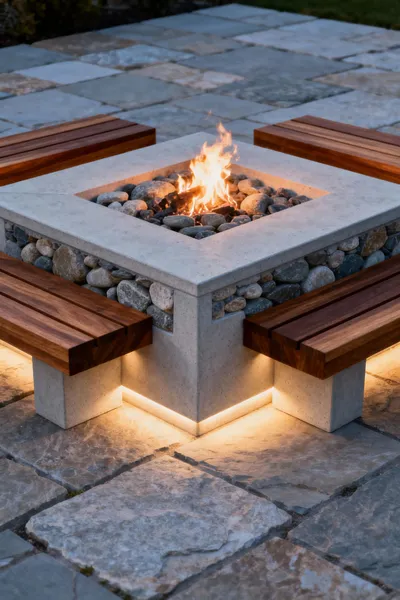 Portrait of a sophisticated artisan-fabricated concrete and Ipe wood firepit, symbolizing timeless design and generational durability in a backyard.