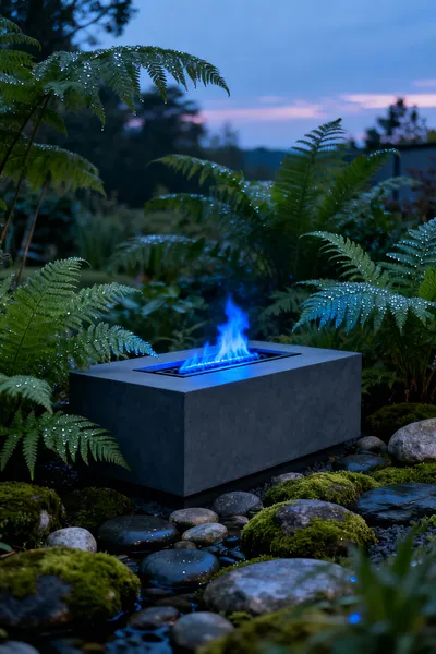 Modern firepit with a clean-burning, eco-friendly bioethanol flame, surrounded by lush green plants and natural stone in a peaceful outdoor setting, symbolizing sustainable fuel choices for a reduced environmental footprint.