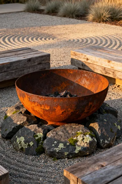 Wabi-Sabi firepit design featuring a naturally weathered Corten steel fire bowl with a rich patina, surrounded by large, moss-covered basalt stones and reclaimed wooden benches, integrated into a natural garden setting, shot during golden hour.