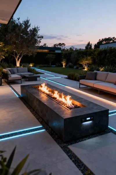 A modern rectangular firepit made of dark honed concrete, integrated with subtle smart control technology, glowing warmly at twilight in a luxurious outdoor lounge with minimalist landscaping. Automated ignition and remote operation are subtly suggested, showcasing sophisticated design and advanced safety.