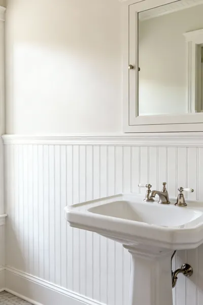 A beautifully balanced farmhouse bathroom interior featuring a lower section of white board-and-batten wainscoting complemented by white shiplap walls above, showcasing elegant wall treatments and moisture resistance.