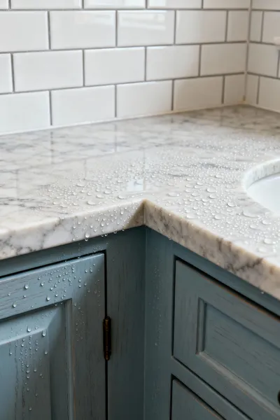 Detailed portrait of a beautifully maintained farmhouse bathroom showing perfectly sealed natural stone, wooden cabinetry, and tiled surfaces, demonstrating advanced material longevity protocols.