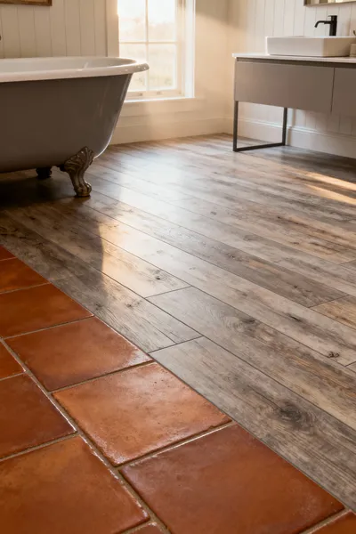 A farmhouse bathroom floor demonstrating a transition between warm glazed terracotta tiles and engineered porcelain planks that resemble weathered wood, bathed in soft morning light, showcasing durable and aesthetic flooring choices.