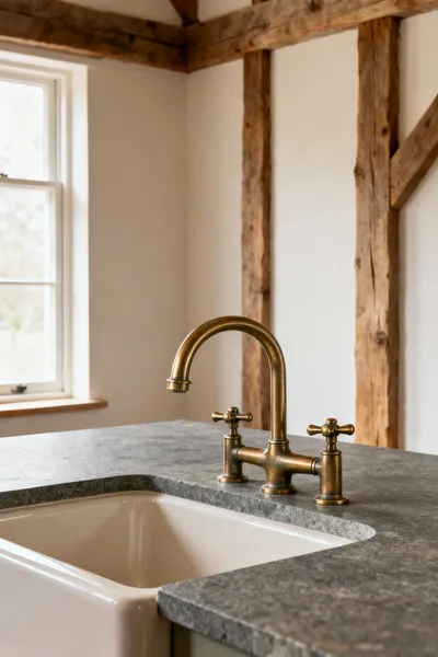 Close-up of a sleek, durable unlacquered brass farmhouse faucet with ergonomic handles in a white farmhouse bathroom.