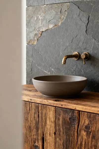 Detail shot of a farmhouse bathroom's varied tactile surfaces: reclaimed wood vanity, ceramic sink, honed slate wall, aged brass faucet, showcasing rich textures and natural materials under soft light.