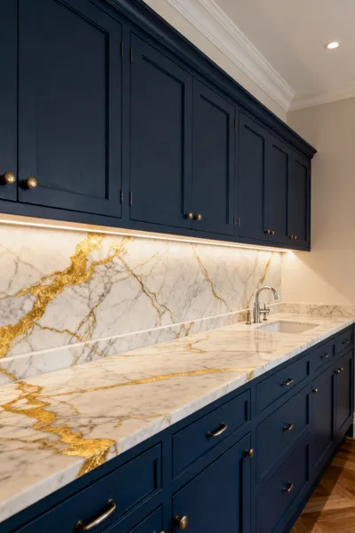 Farmhouse bathroom vanity with a honed Calacatta Gold Marble countertop and subtle under-cabinet lighting creating a sense of deep luminosity.