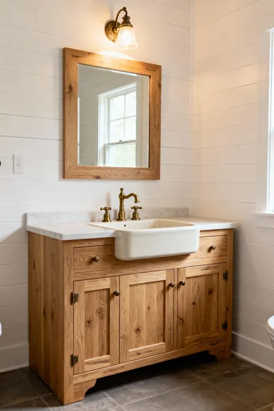 Elegant bespoke farmhouse vanity made of natural white oak with precise custom joinery, an integrated farmhouse sink, and aged brass hardware in a white shiplap bathroom.