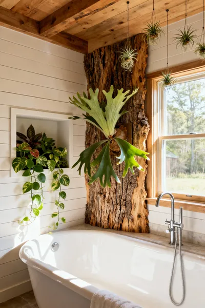 Farmhouse bathroom with sculptural wall planter featuring trailing philodendrons, ceiling-mounted air plant suspensions, and a mounted Staghorn fern, showcasing biophilic design.