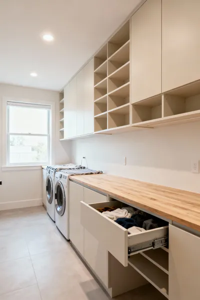 Modern mudroom and laundry room combo with adaptable, modular storage, adjustable shelving, and flexible utility zones designed for evolving family needs and long-term use.