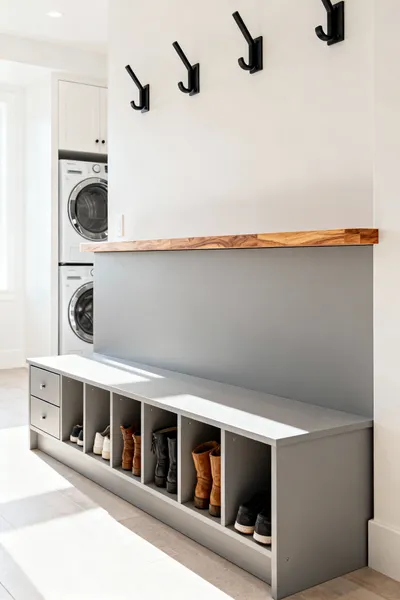 Modern mudroom featuring a durable grey bench with integrated storage cubbies for shoes, soft-close drawers, and natural wood countertop, set against light-colored walls in a clean, functional home.