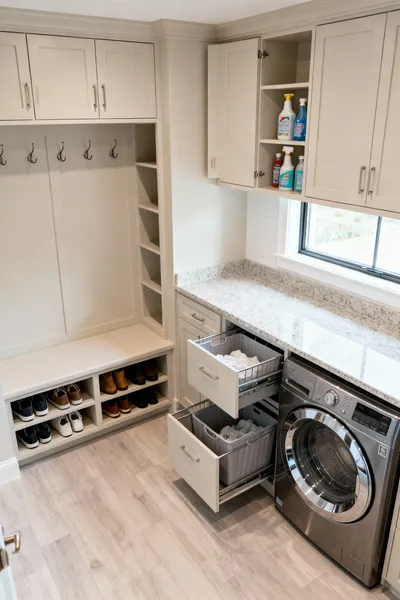 A professional photo of a modern mudroom and laundry room combo featuring custom-built, floor-to-ceiling cabinetry with integrated storage, pull-out laundry hampers, a folding counter, and a built-in bench with shoe storage, all designed for optimal ergonomics and efficiency.